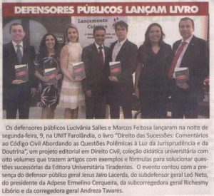 Correio de Sergipe: 13/10/2017 – Defensores Públicos lançam livro